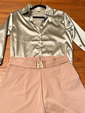 Satin Button-Up Blouse in Pale Silver